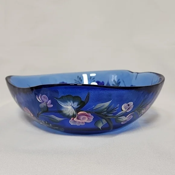 HANDPAINTED Cobalt Blue Bowl Floral Serving Dish Large Butterfly Roses Dimpled - Picture 7 of 14